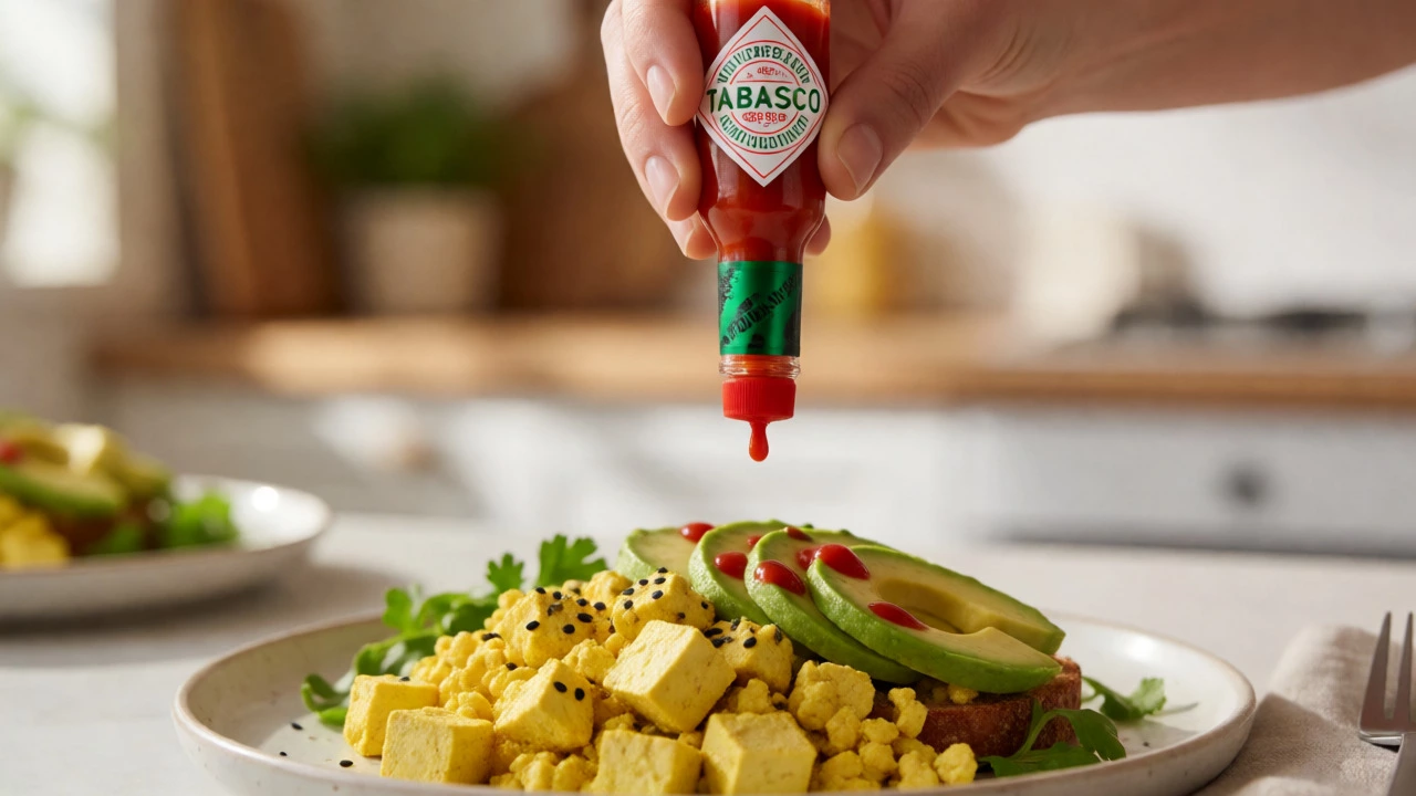 Hand shaking Tabasco sauce over a colorful vegan tofu scramble or avocado toast.