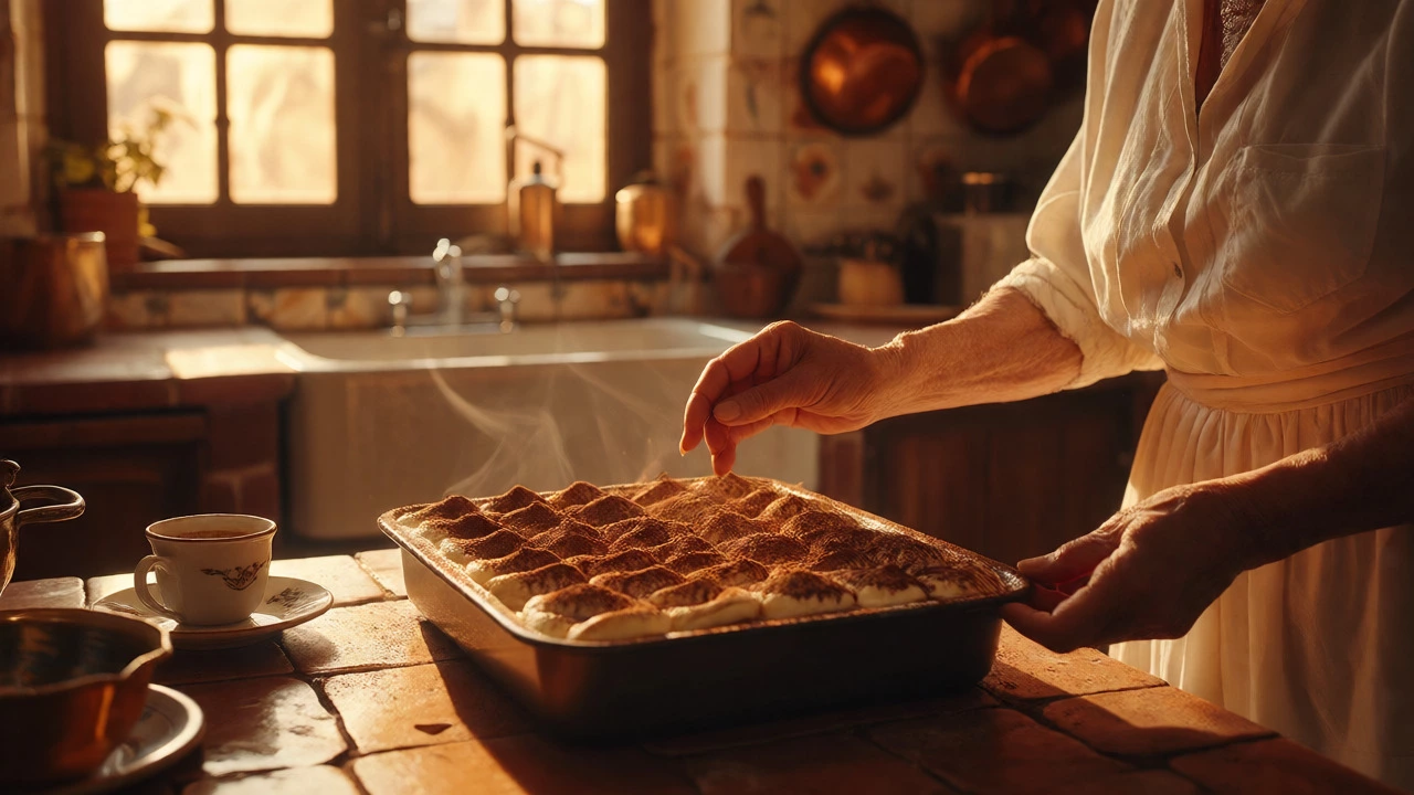 Hands dusting cocoa on homemade tiramisu in a warm, sunlit Italian kitchen.