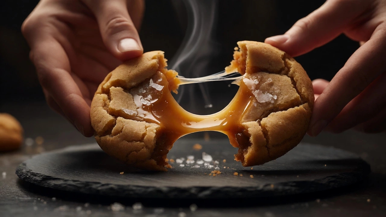 Hands pulling apart a warm salted caramel stuffed cookie showing gooey center