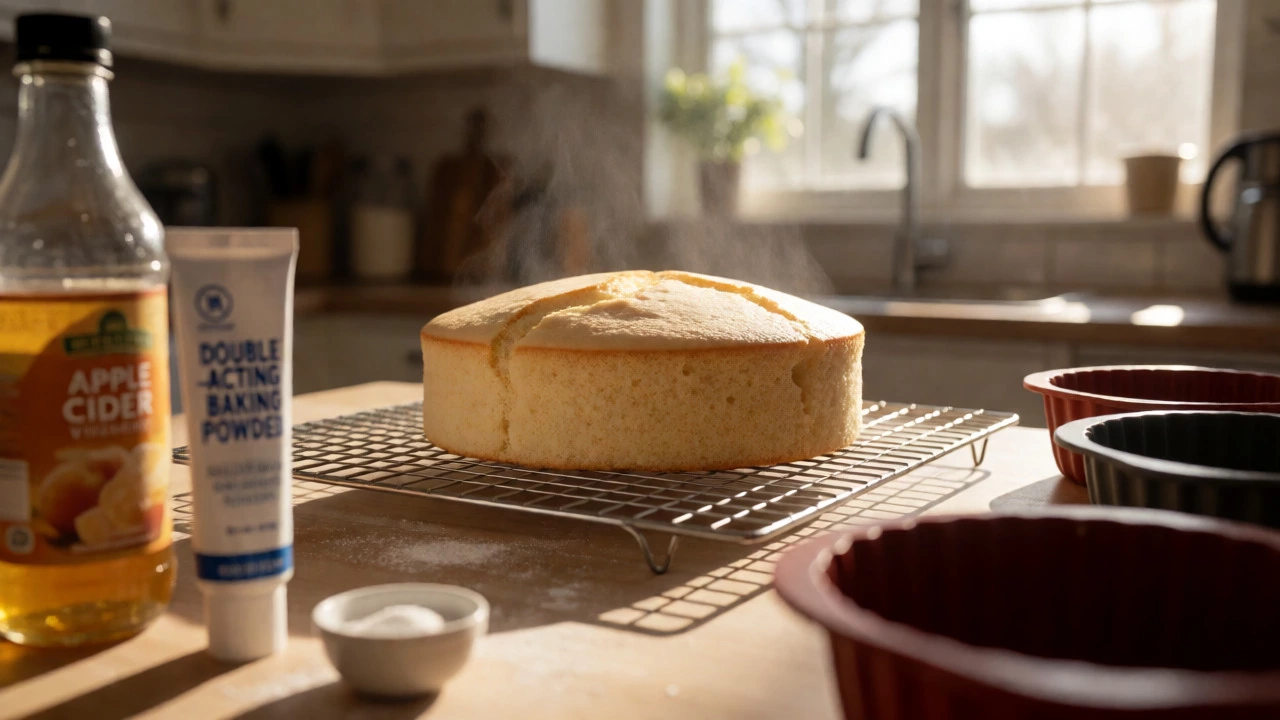 Lightly steaming risen gluten-free sponge cake on a wire rack