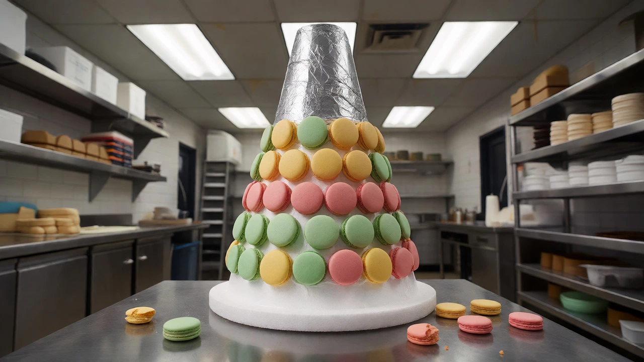 Partially assembled macaron tower with visible foam core and glue application.