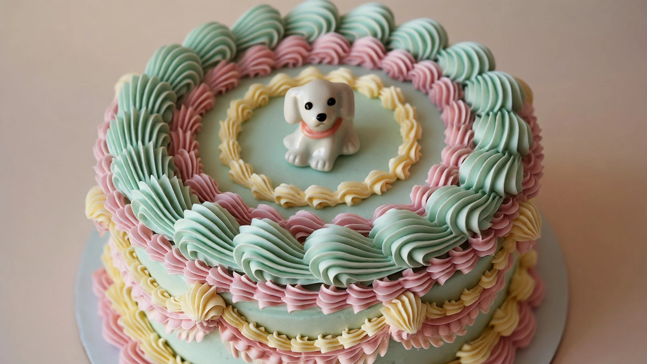 Pastel vintage-piped cake with intricate rosettes and a ceramic dog topper