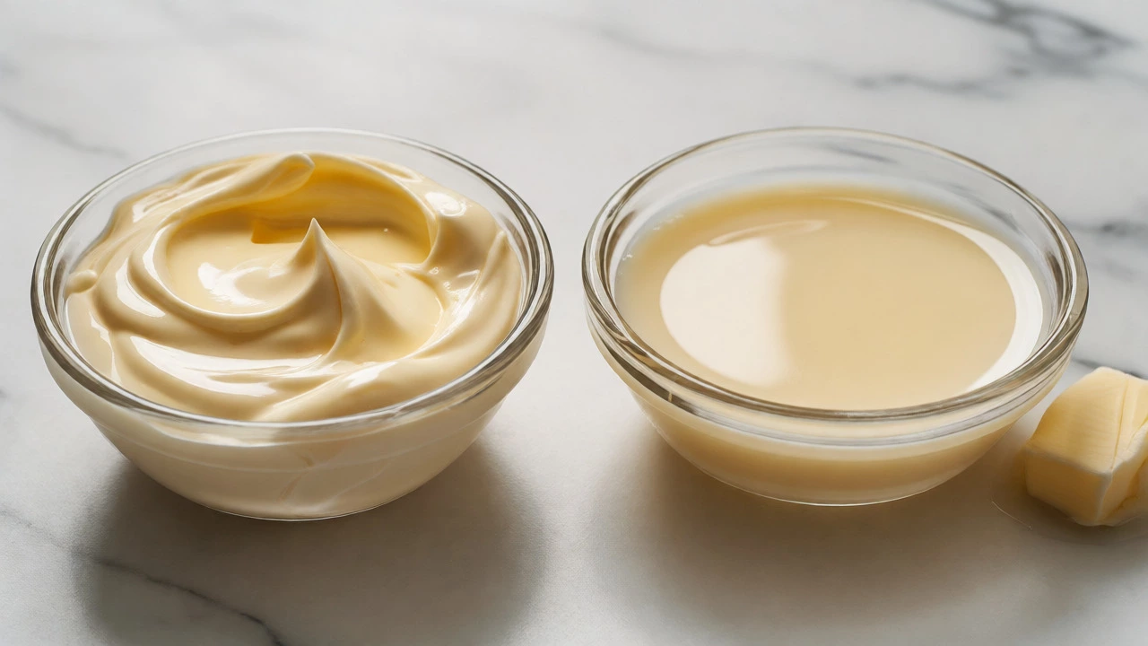 Side-by-side comparison of thick heavy cream and thinner evaporated milk in glass bowls on marble.