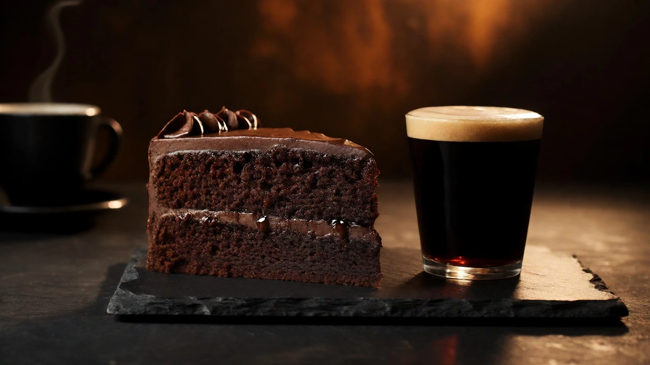 Slice of Guinness chocolate cake served with a glass of dark stout