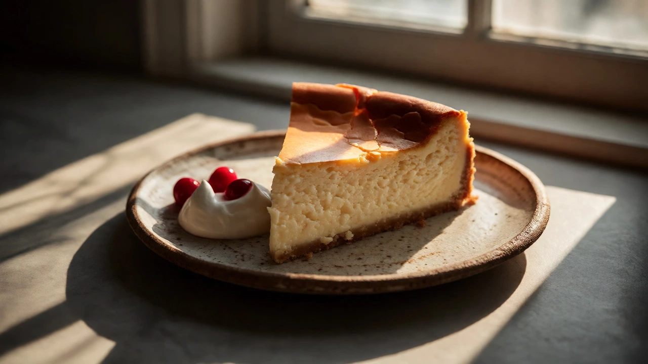 Sliced dense cheesecake made with evaporated milk on a rustic plate under natural window light.