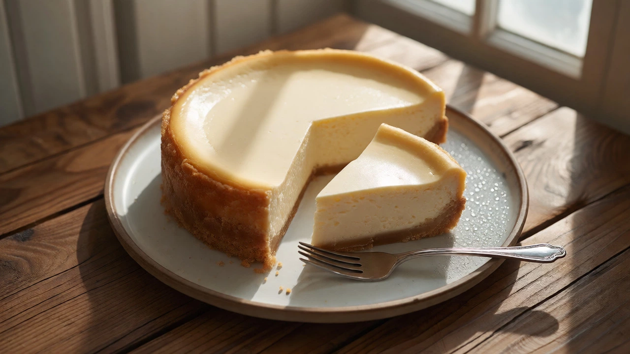 Sliced New York cheesecake with plain cream topping on a wooden table