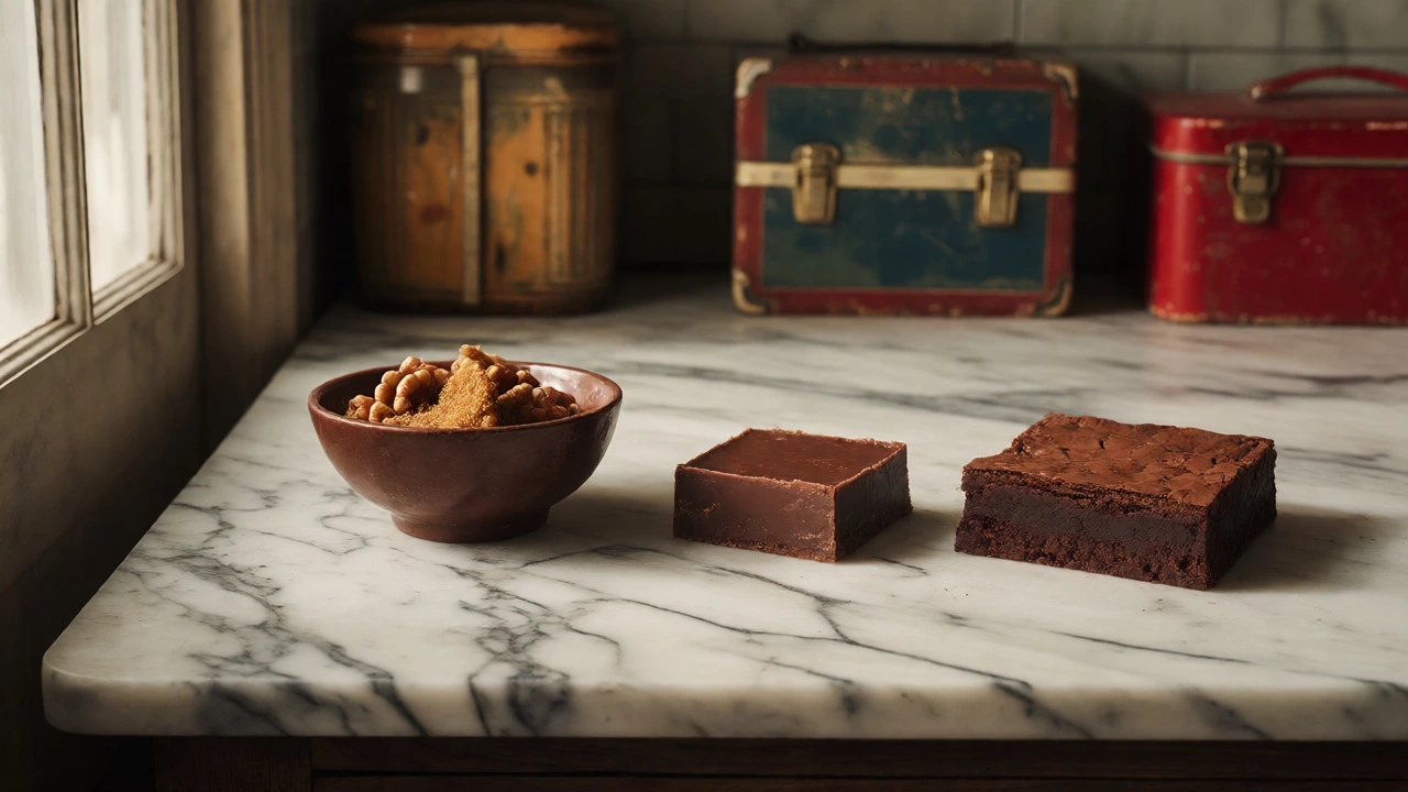 Still life comparing molasses bars, fudge, and modern brownies on a marble surface.