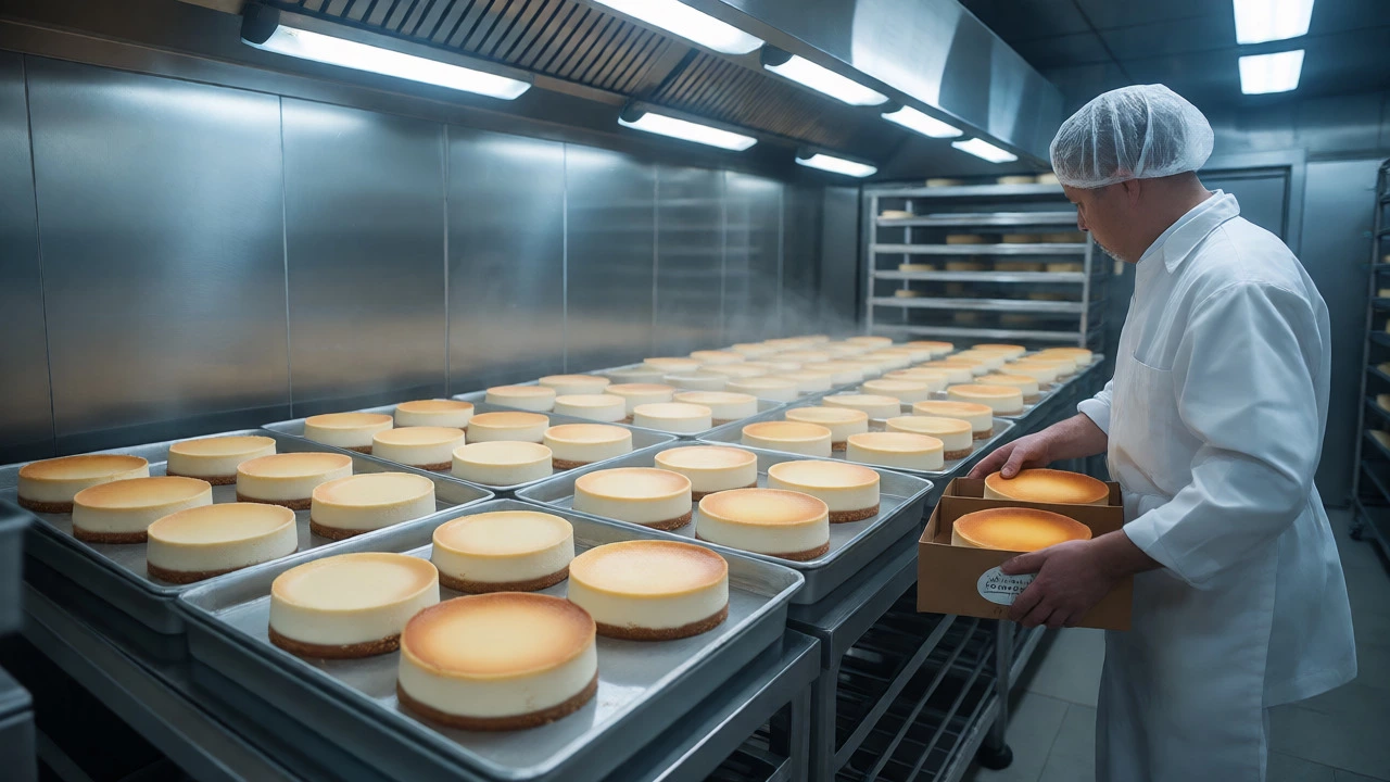 Worker packaging whole cheesecakes in a large industrial bakery facility.