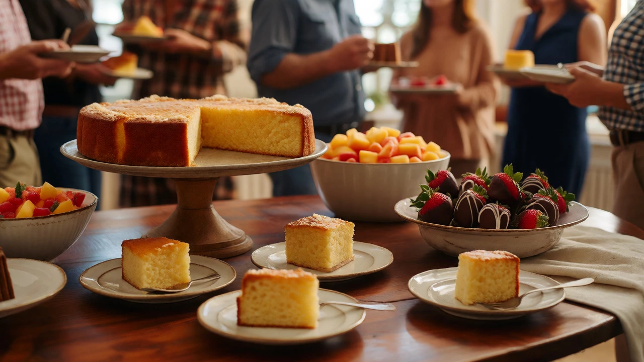 Buffet table featuring a sliced half-sheet cake surrounded by fruit and other desserts.