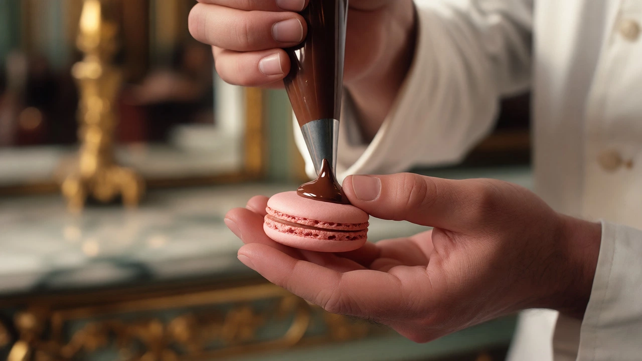 Chef piping ganache onto a pink macaron shell to create the sandwich structure