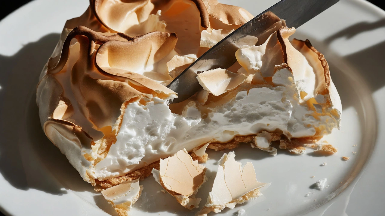 Close-up of a knife cutting into an overcooked pavlova, revealing a dry, chalky interior and brittle, yellowed shell shards.