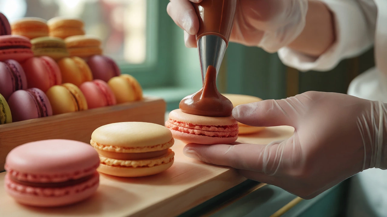 Close-up of hands assembling a colorful French macaron with ganache filling at a patisserie.