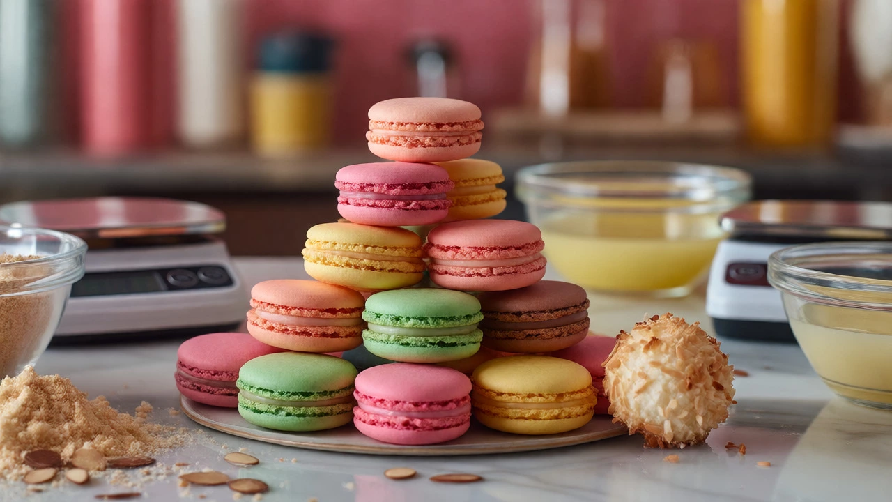 Comparison of smooth French macarons and rough coconut macaroons in a bakery