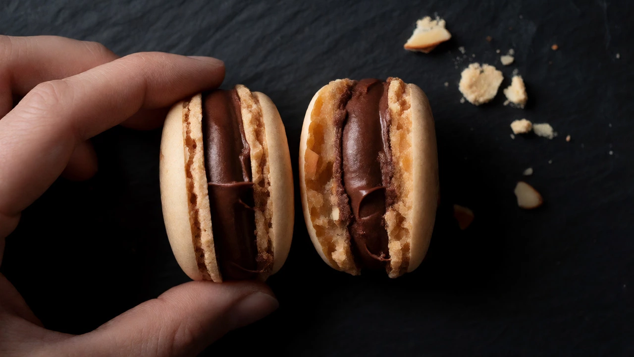 Cross-section of a chocolate ganache filled macaron showing layers.