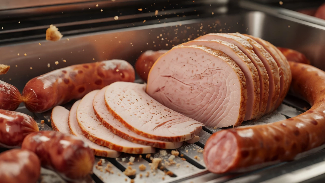 Deli meats and sausages with airborne flour contamination