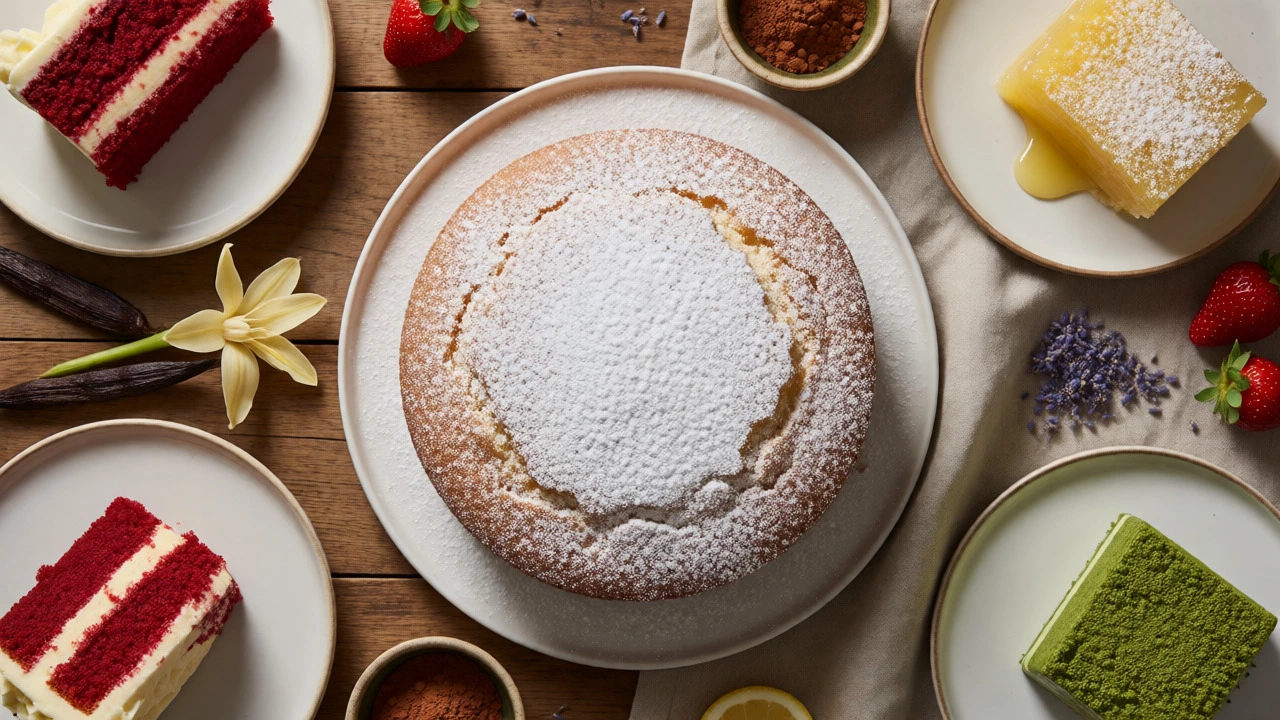 Flat lay of Victoria sponge surrounded by various cake slices and ingredients