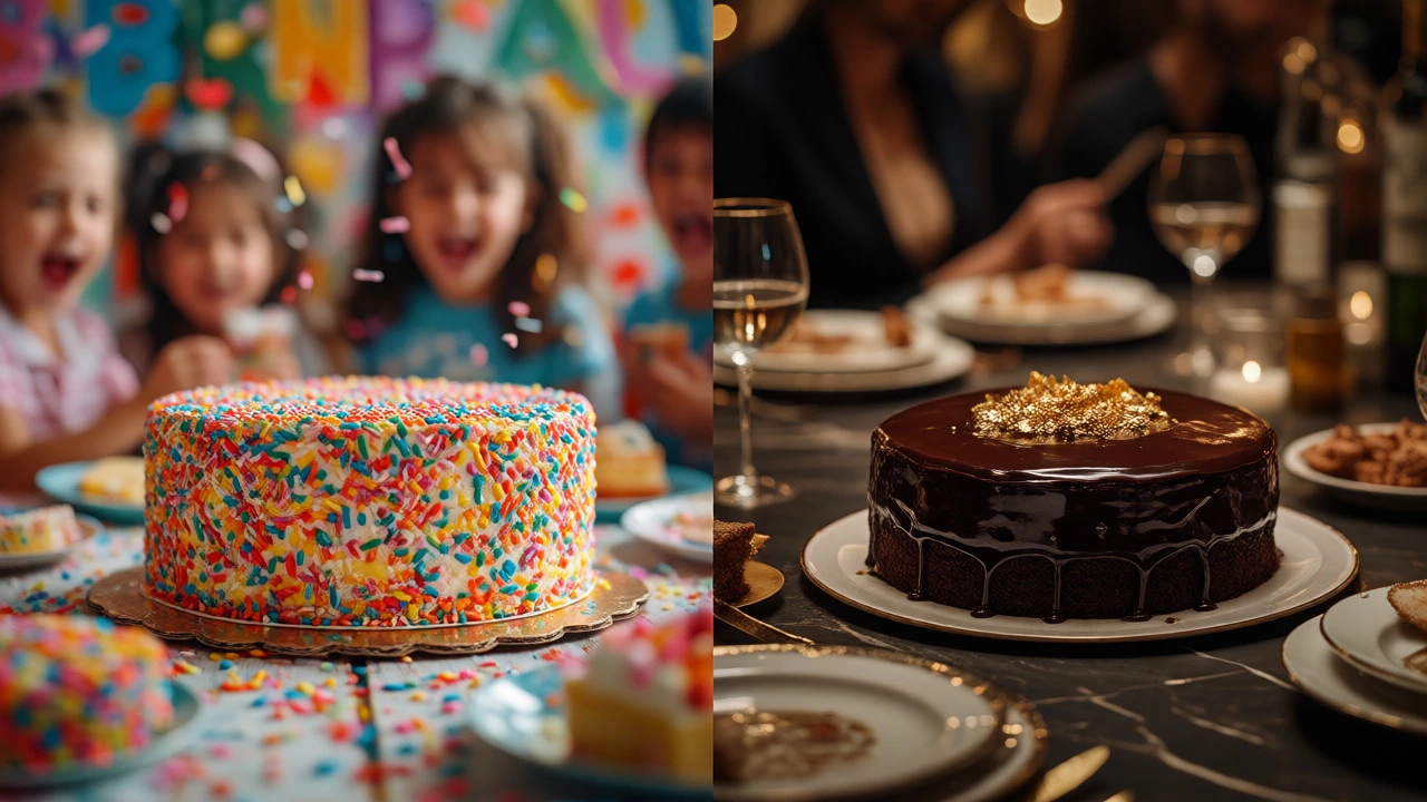 Funfetti cake at kids party vs elegant chocolate cake