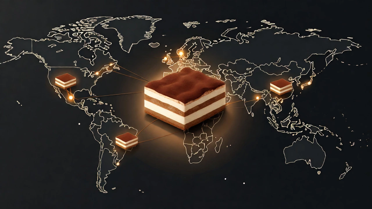 Global map concept with tiramisu slices marking locations