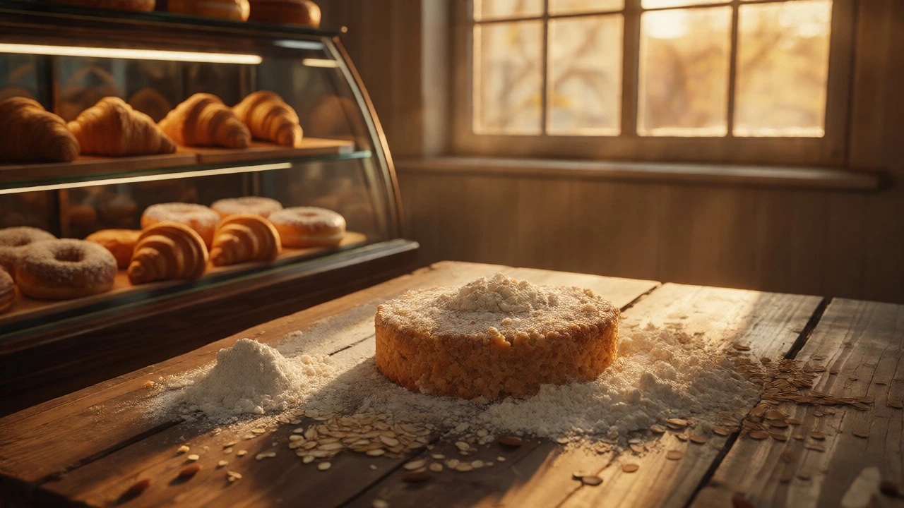 Gluten-free cake near wheat pastries in sunlit bakery