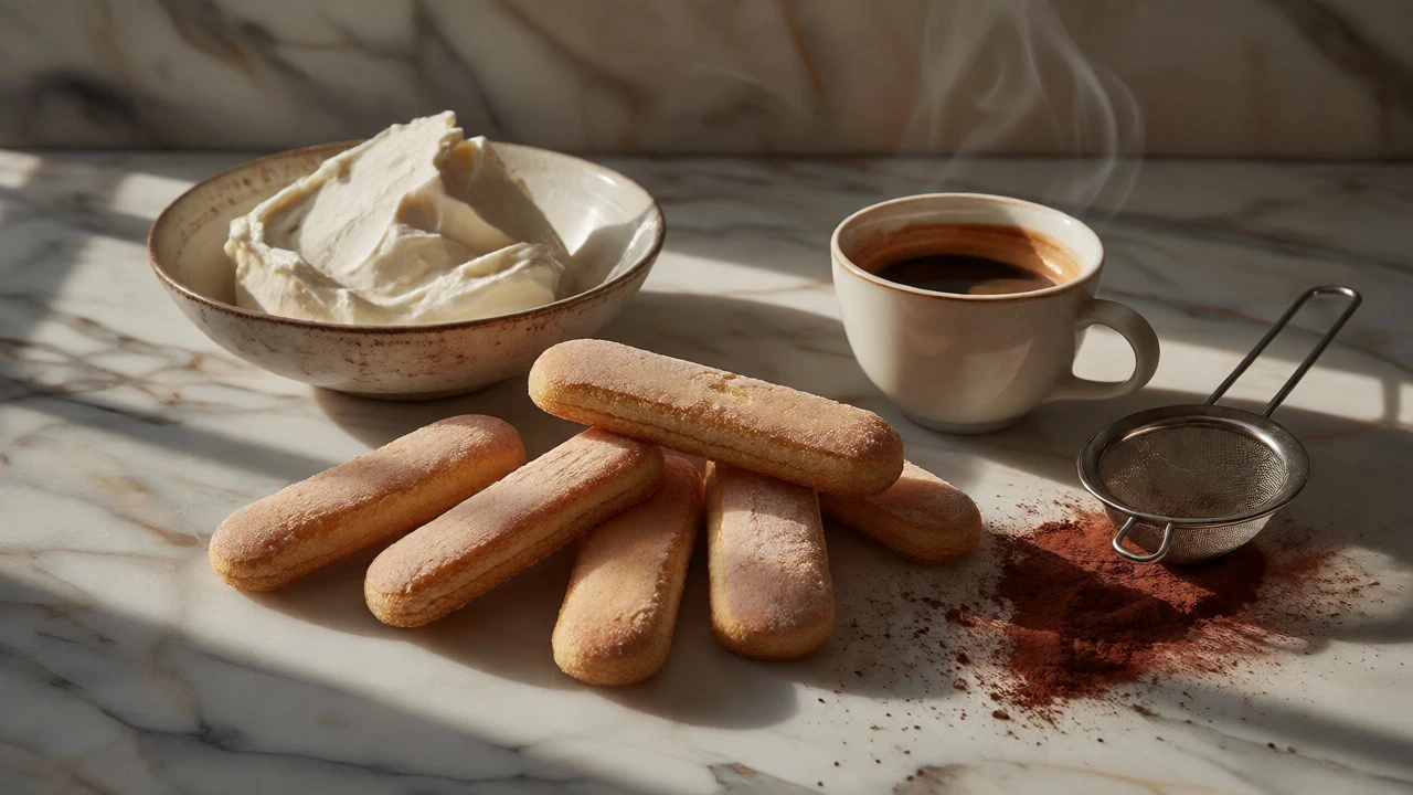 Ingredients for tiramisu: mascarpone, ladyfingers, and espresso