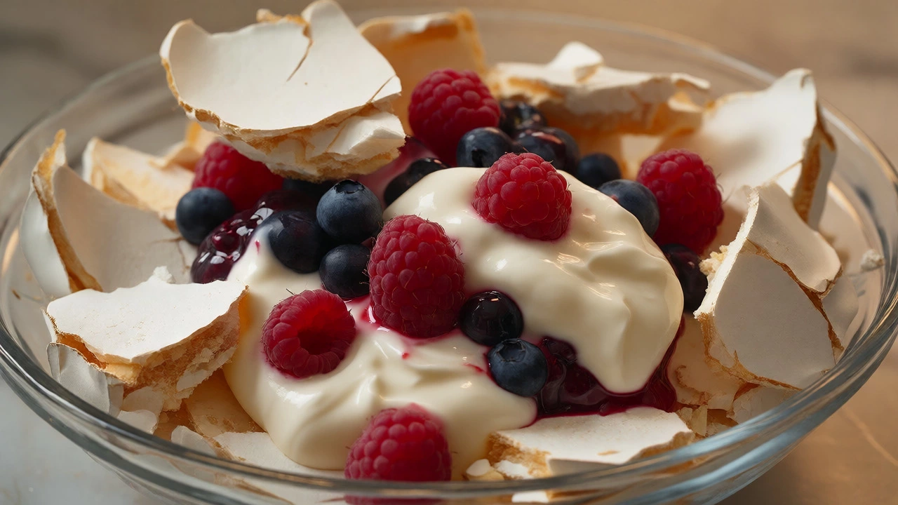 Layered dessert with broken pavlova shards, fresh berries, and heavy cream in a glass bowl, showcasing a rescue technique.