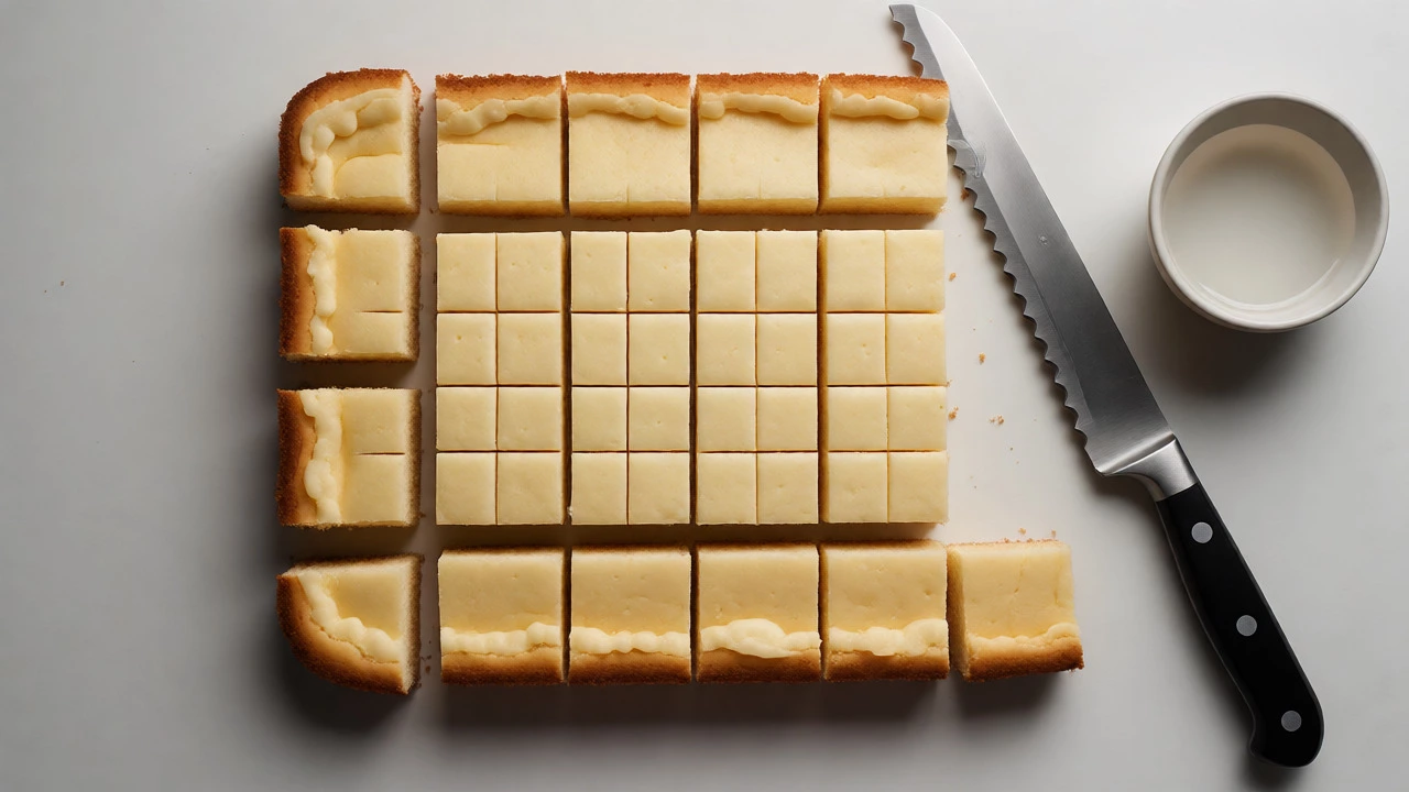 Overhead view of a sheet cake being cut into uniform squares using the grid method.