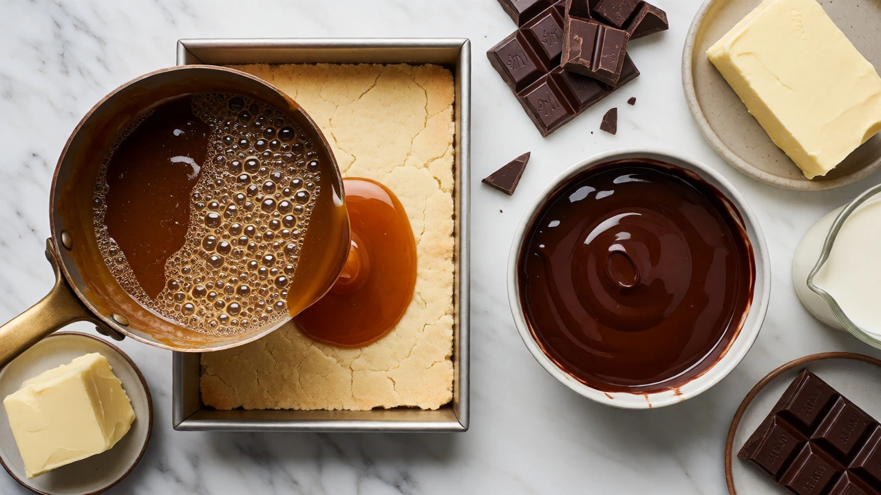 Overhead view of pouring salted caramel onto shortbread during Billionaire Cake preparation.