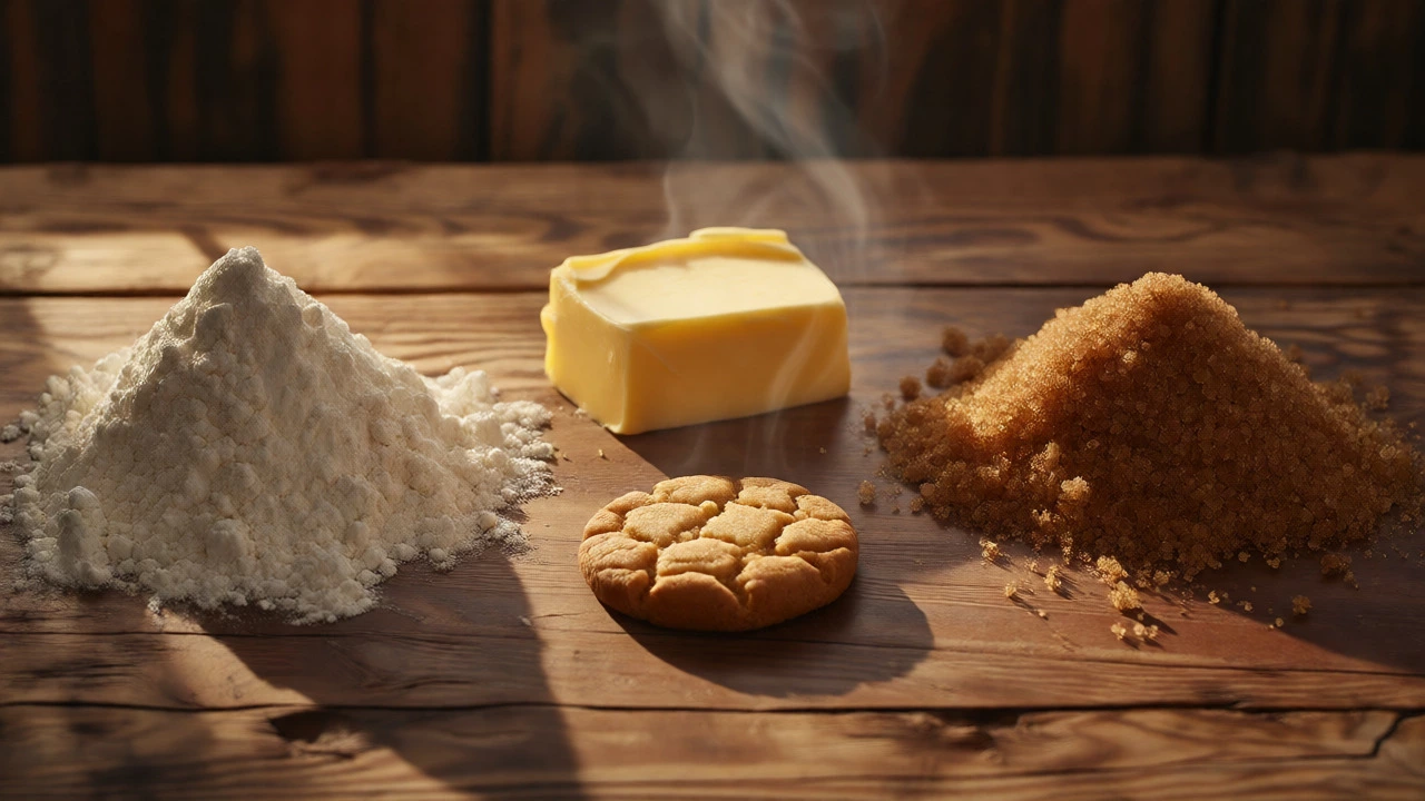 Raw flour, butter, and brown sugar arranged around a baked cookie