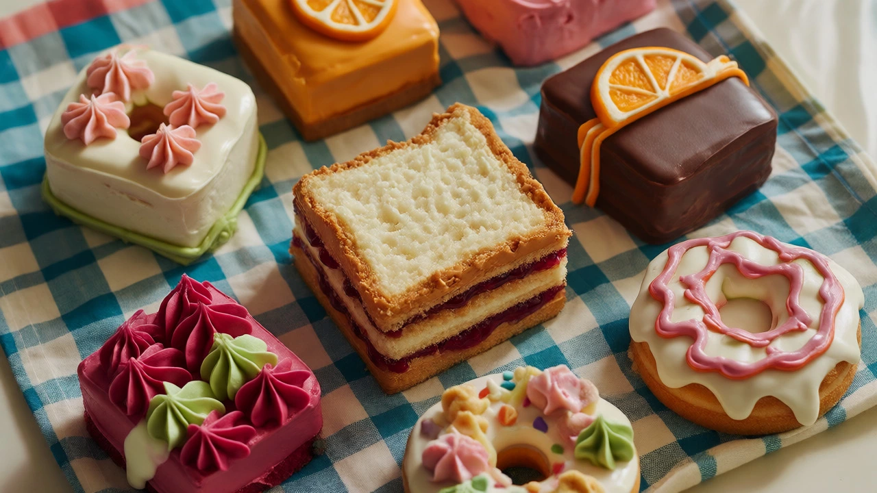 Retro-style individual lunchbox cakes with natural pastel buttercream and nostalgic snack designs.