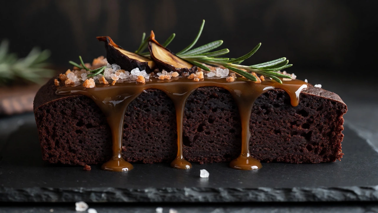 Savory-sweet dark chocolate cake with miso caramel, sea salt, and rosemary garnish on slate.