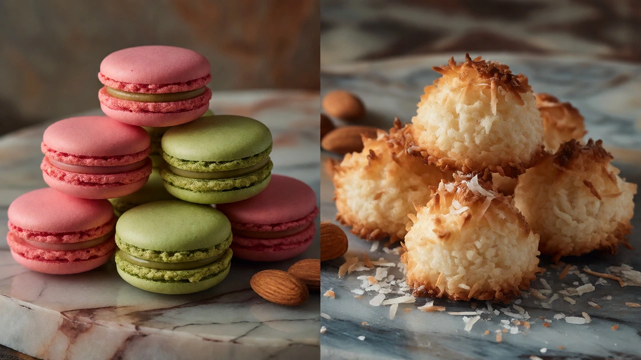 Side-by-side comparison of smooth French macarons and textured coconut macaroons on marble.