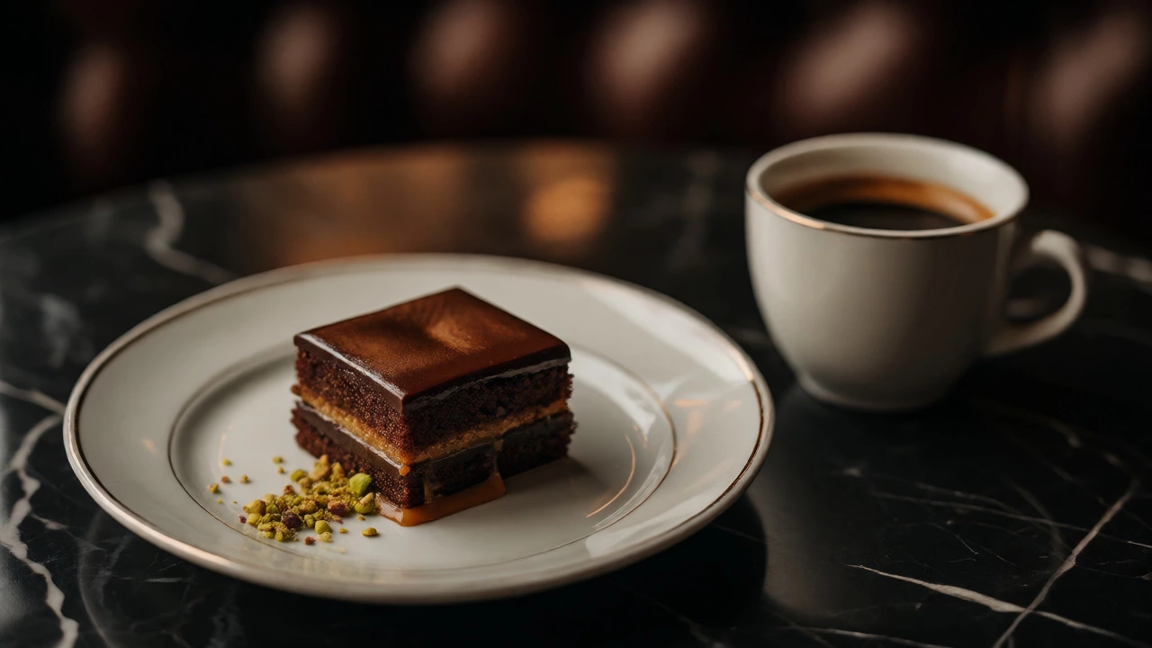 Slice of Billionaire Cake served with espresso and pistachio garnish on a cafe table.