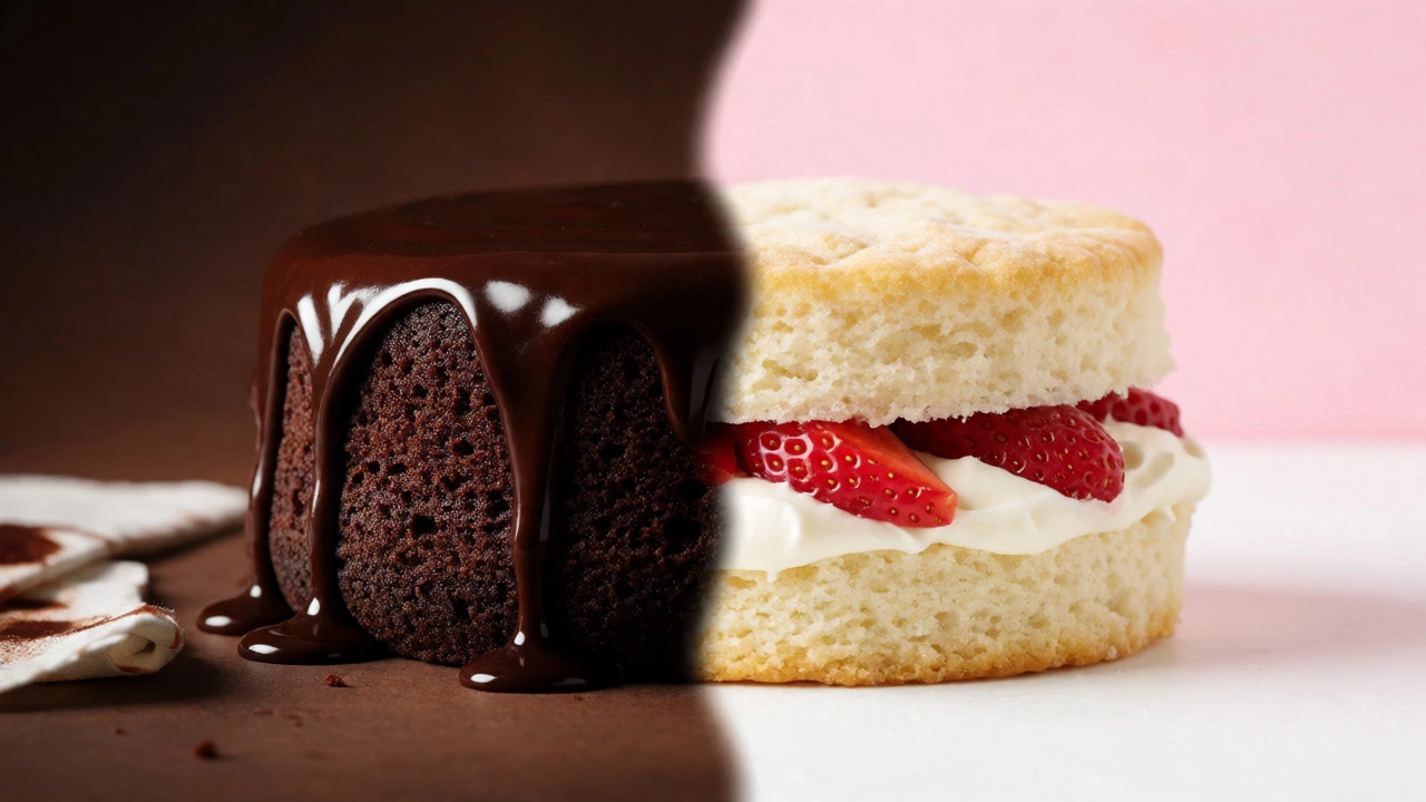 Split view comparing rich chocolate cake and light vanilla strawberry cake