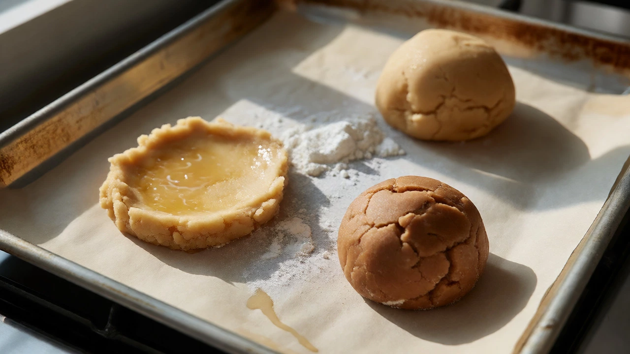 Three different cookie dough shapes on a baking tray before baking