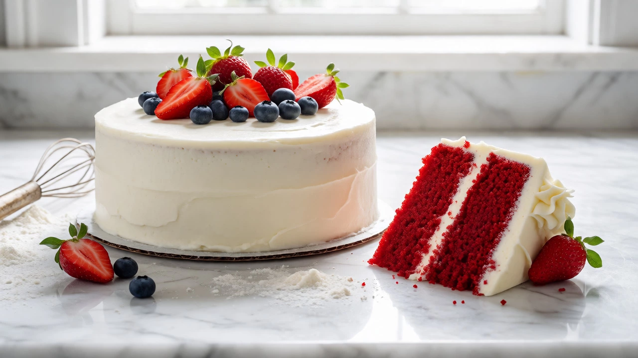 Vanilla cake with berries beside red velvet slice