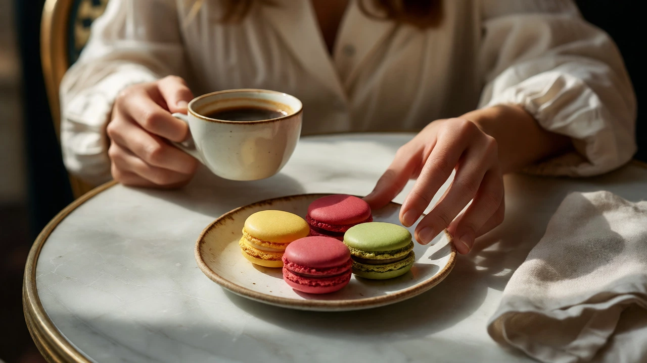 Woman enjoying coffee and a plate of colorful mini macarons at a cafe.